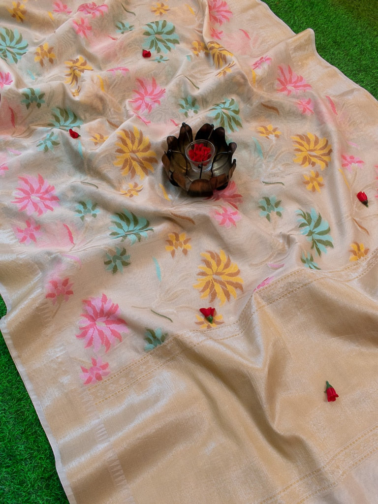 Banarasi Cotton Silk Resham & Zari Multi Coloured Floral Weaving Saree-Off White
