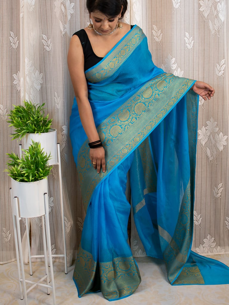 Banarasi Semi Chiffon Plain Saree Antique Zari Buti Weaving Border-Sky Blue