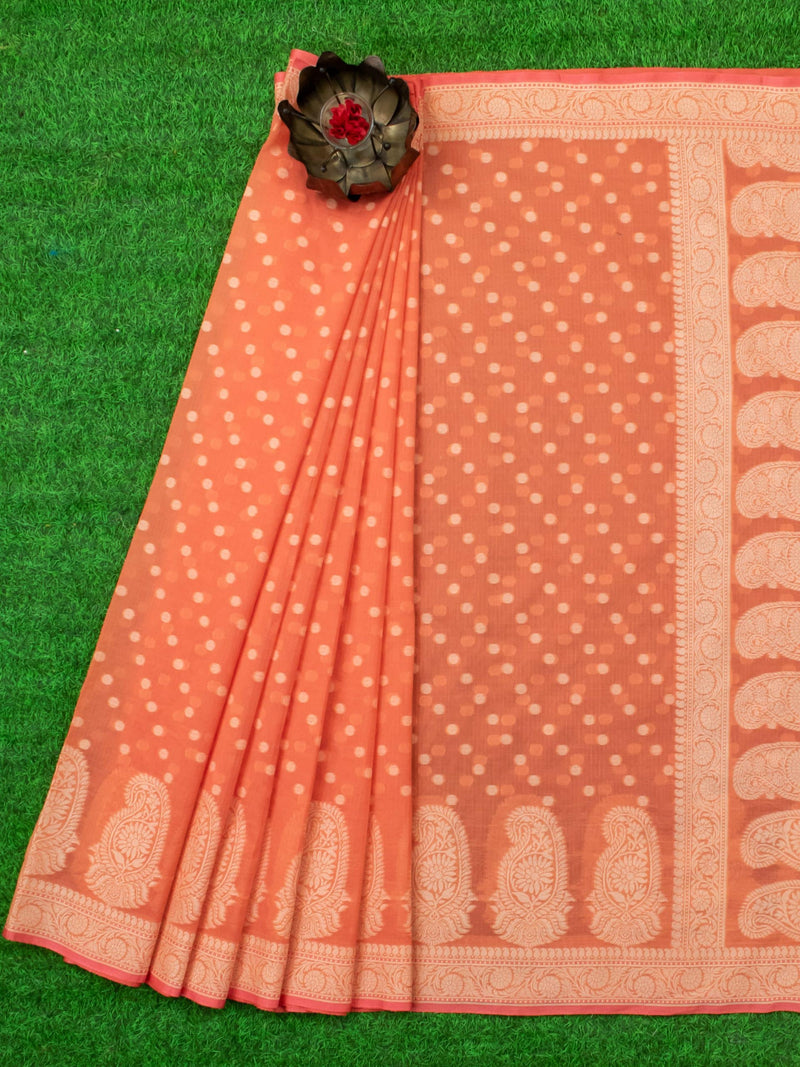 Banarasi Soft Cotton Resham Polka Dots Weaving Saree With Contrast Kinaari-Peach