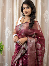 Banarasi Cotton Silk Silver Zari Weaving Saree-Deep Maroon