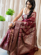 Banarasi Cotton Silk Silver Zari Weaving Saree-Deep Maroon