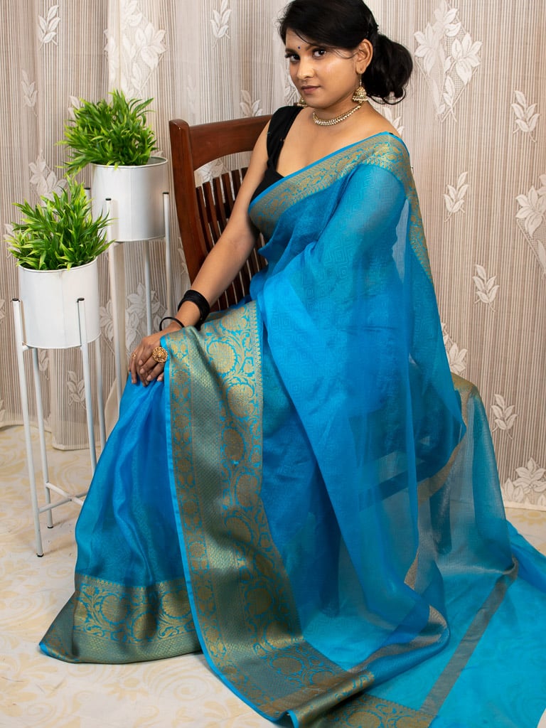 Banarasi Semi Chiffon Plain Saree Antique Zari Buti Weaving Border-Sky Blue