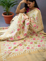 Banarasi Handloom Art Katan Silk Saree With Meena Floral Jaal Weaving-Ivory White
