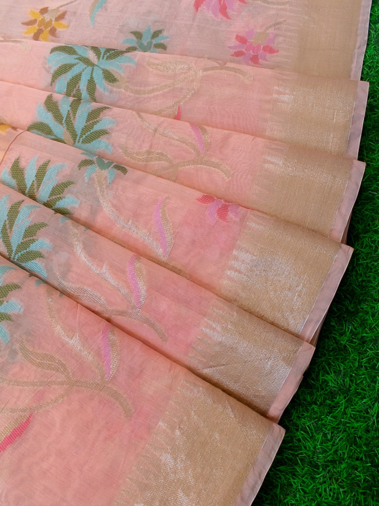 Banarasi Cotton Silk Meena & Zari Multi Coloured Floral Weaving Saree-Pink