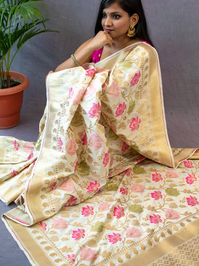 Banarasi Handloom Art Katan Silk Saree With Meena Floral Jaal Weaving-Ivory White