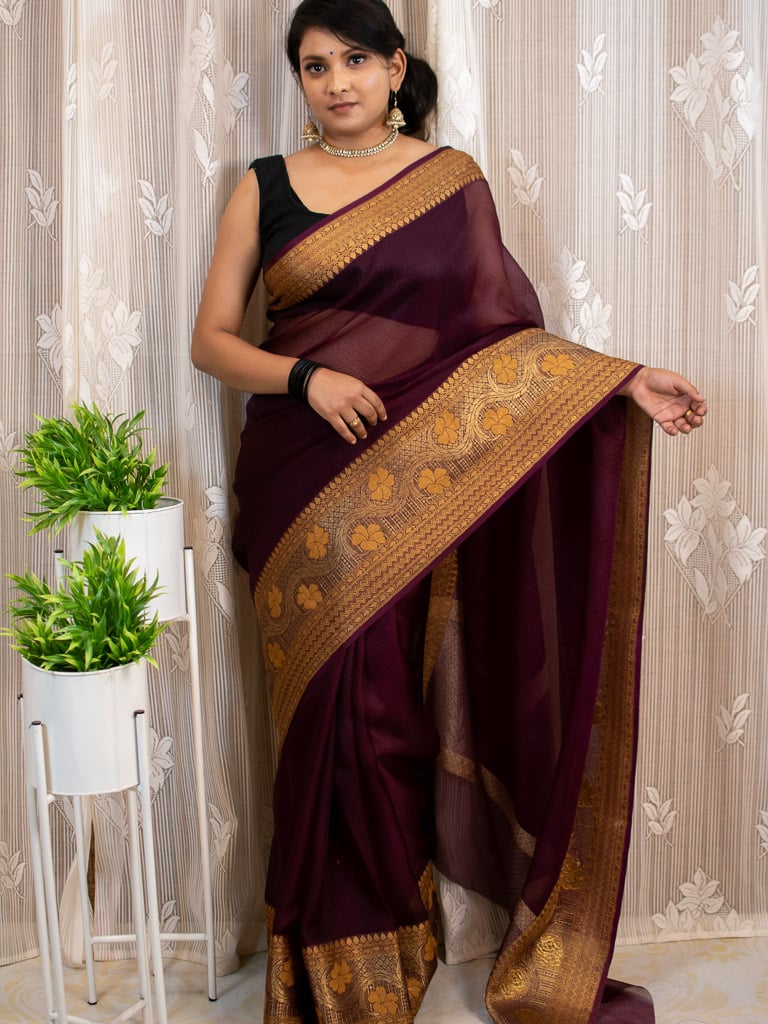 Banarasi Semi Chiffon Plain Saree Antique Zari Buti Weaving Border-Wine