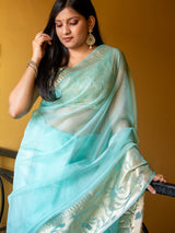 Banarasi Soft Net Saree With Antique Weaving Design-Light Blue