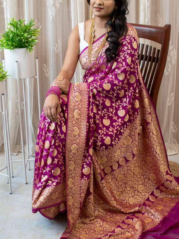 Banarasi Pure Khaddi Georgette Saree With Jaal  Zari Weaving-Wine