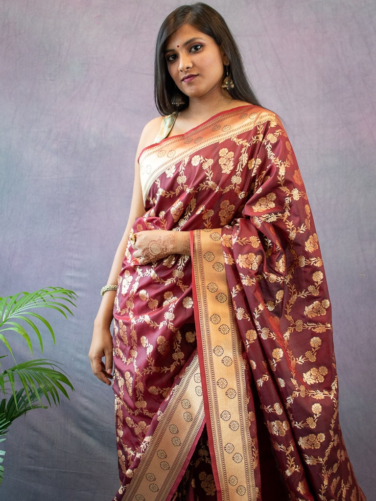 Banarasi Art Katan Silk Saree With Meena Floral Jaal Weaving-Brown