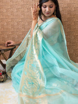 Banarasi Soft Net Saree With Antique Weaving Design-Light Blue
