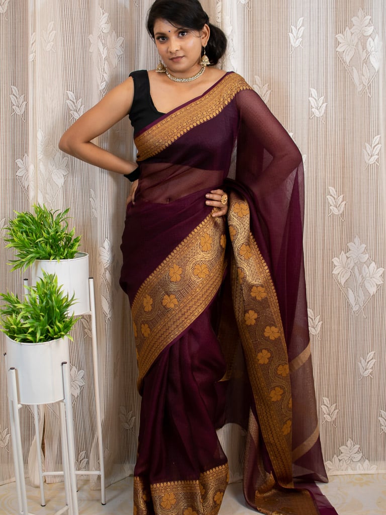 Banarasi Semi Chiffon Plain Saree Antique Zari Buti Weaving Border-Wine