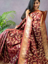 Banarasi Art Katan Silk Saree With Meena Floral Jaal Weaving-Brown