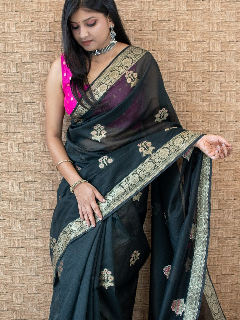 Banarasi Cotton Silk Saree With Zari & Meena Weaving Border-Black