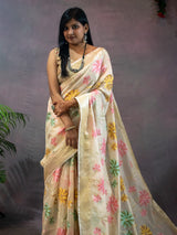 Banarasi Cotton Silk Resham & Zari Multi Coloured Floral Weaving Saree-Off White