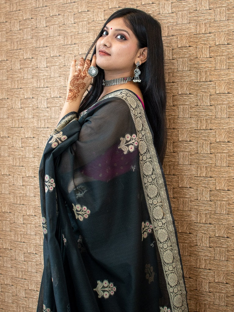 Banarasi Cotton Silk Saree With Zari & Meena Weaving Border-Black