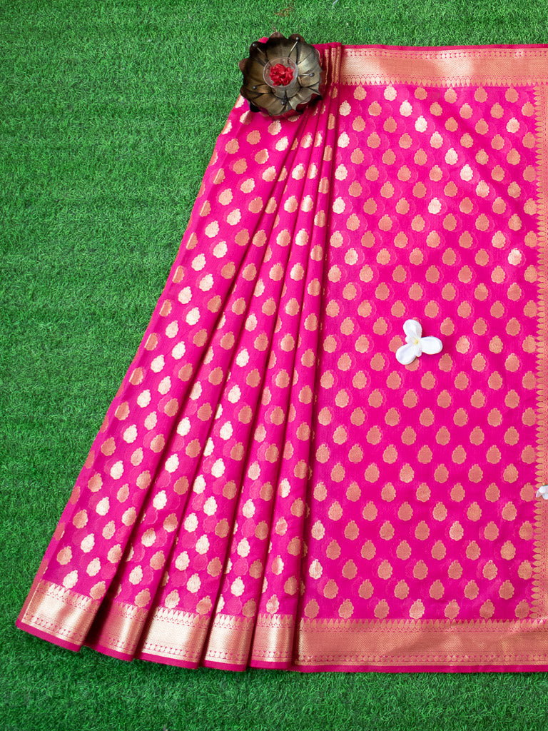 Banarasi Semi Silk Saree With Zari Buti Weaving-Hot Pink