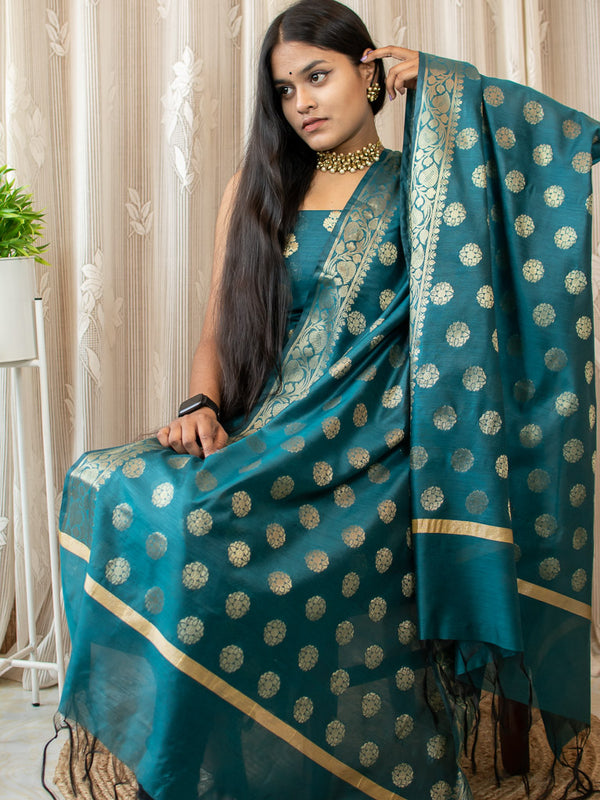 Banarasi Cotton Silk Salwar Kameez With Buti Dupatta-Teal Blue