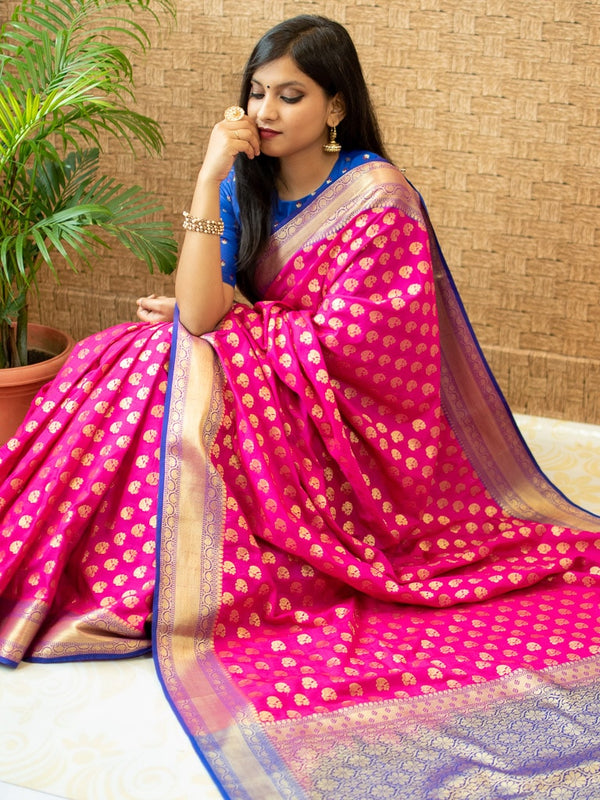 Banarasi Semi Silk Saree With Zari Buti Weaving & Contrast Border-Deep Pink