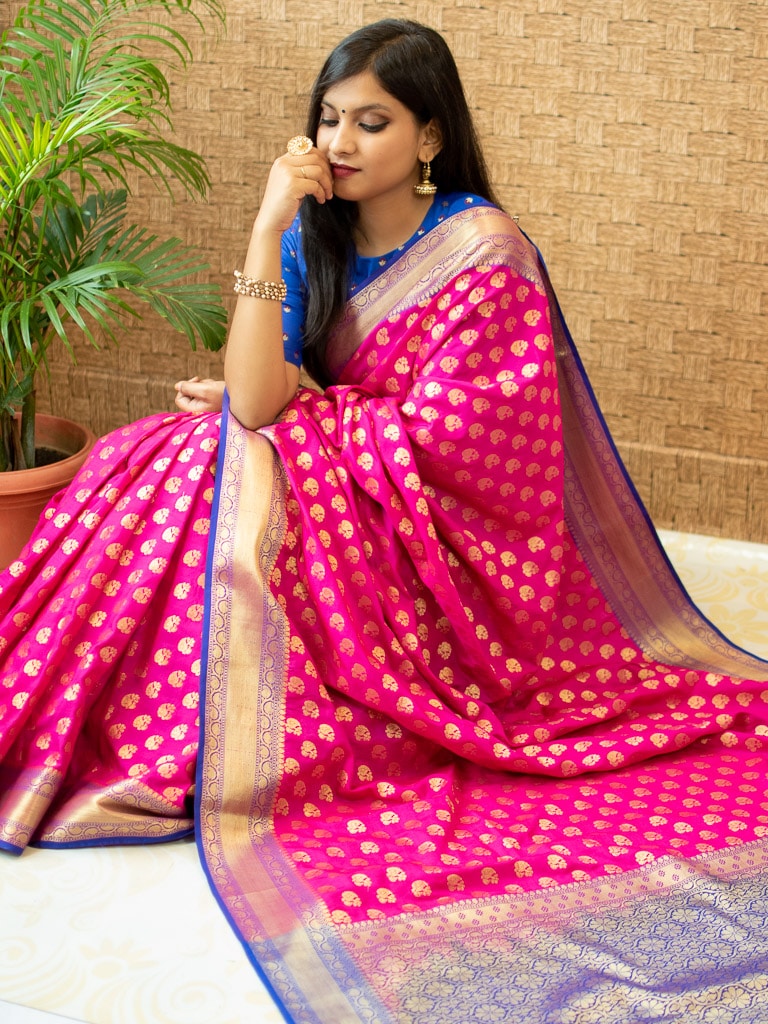 Banarasi Semi Silk Saree With Zari Buti Weaving & Contrast Border-Deep Pink