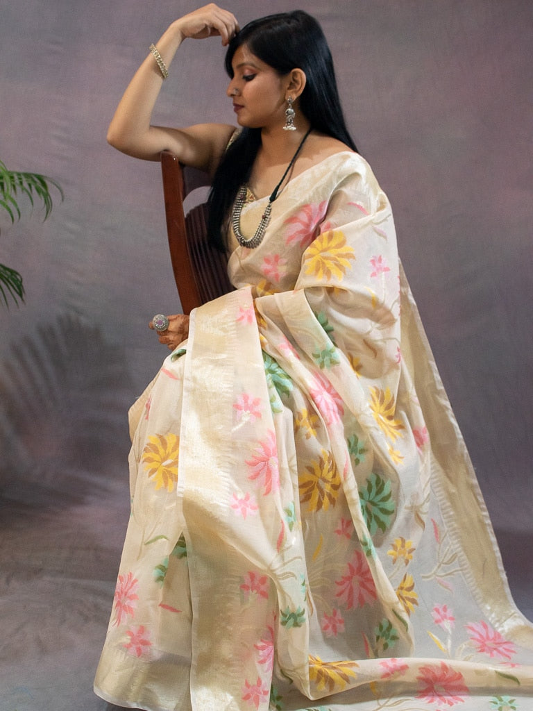 Banarasi Cotton Silk Resham & Zari Multi Coloured Floral Weaving Saree-Off White