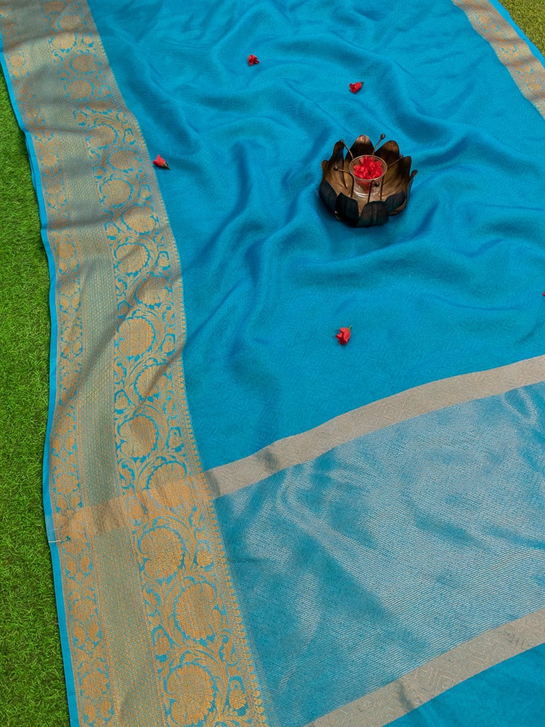 Banarasi Semi Chiffon Plain Saree Antique Zari Buti Weaving Border-Sky Blue