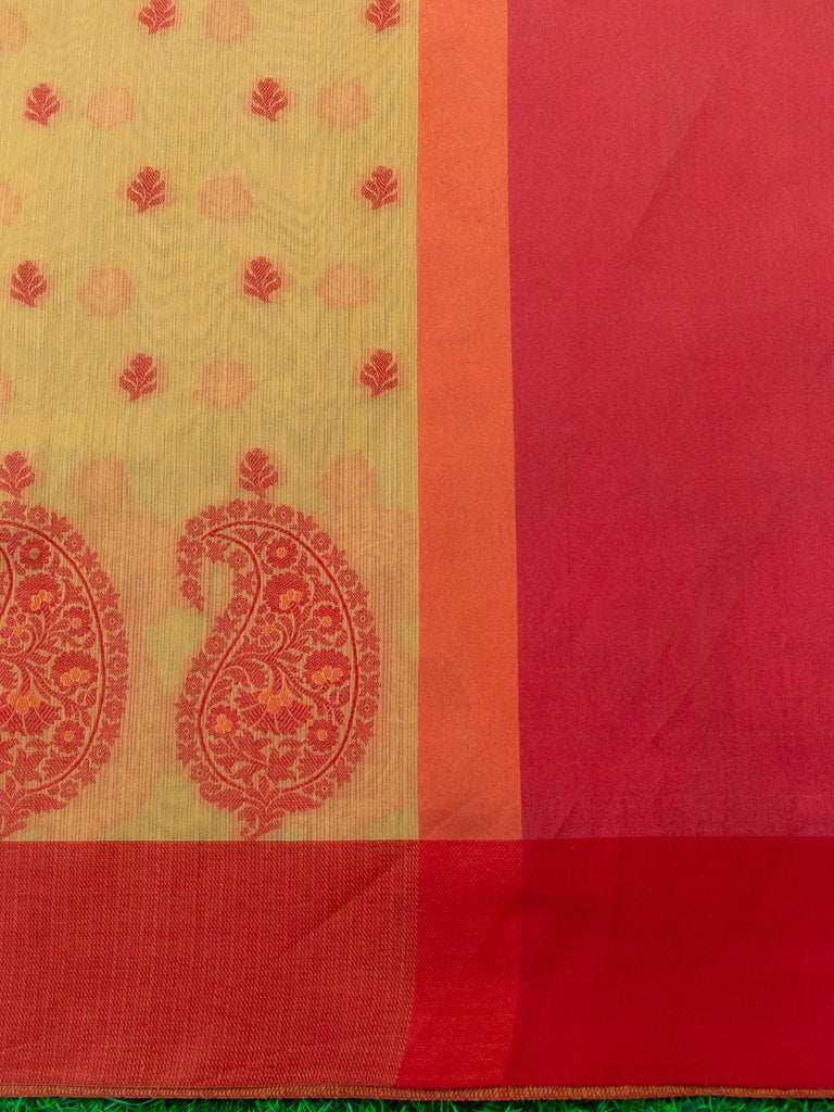 Banarasi Soft Cotton With Contrast Resham Paisley Buti Weaving Saree-Yellow
