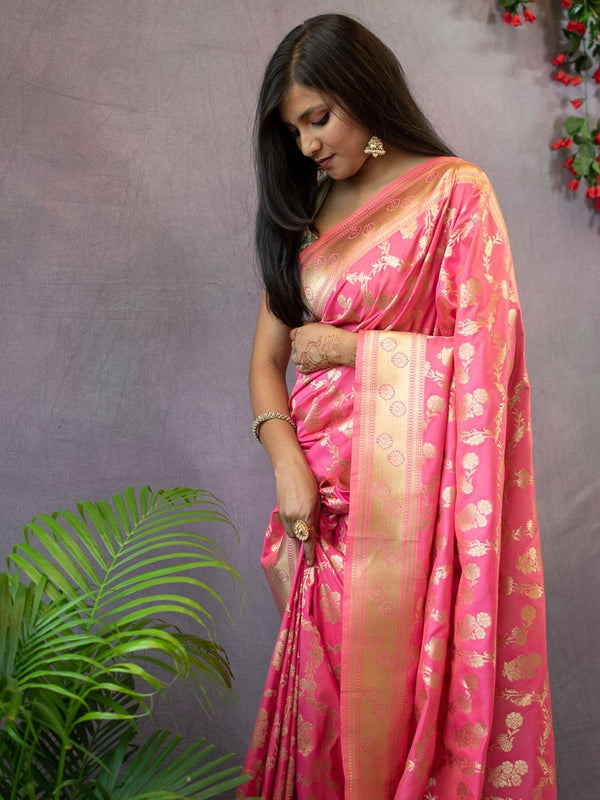 Banarasi Art Katan Silk Saree With Meena Floral Jaal Weaving-Light Pink