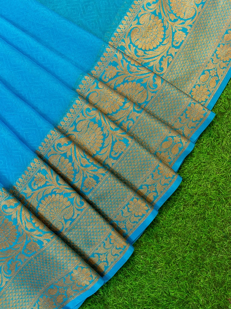 Banarasi Semi Chiffon Plain Saree Antique Zari Buti Weaving Border-Sky Blue