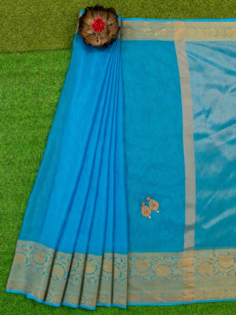 Banarasi Semi Chiffon Plain Saree Antique Zari Buti Weaving Border-Sky Blue