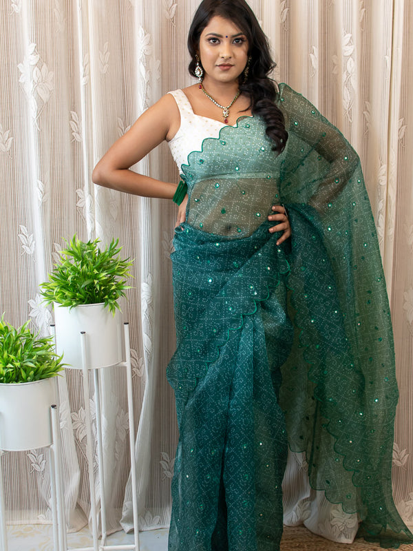 Stone Embroidered Bandhani Organza Mix Saree-Green