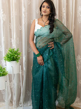 Stone Embroidered Bandhani Organza Mix Saree-Green