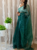 Stone Embroidered Bandhani Organza Mix Saree-Green