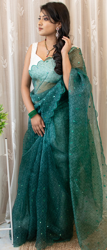 Stone Embroidered Bandhani Organza Mix Saree-Green