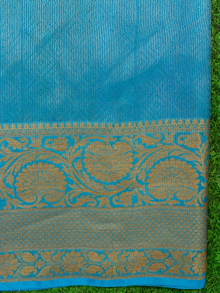Banarasi Semi Chiffon Plain Saree Antique Zari Buti Weaving Border-Sky Blue
