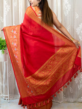 Banarasi Plain Semi Silk Saree With Floral Meenakari Weaving Border-Red
