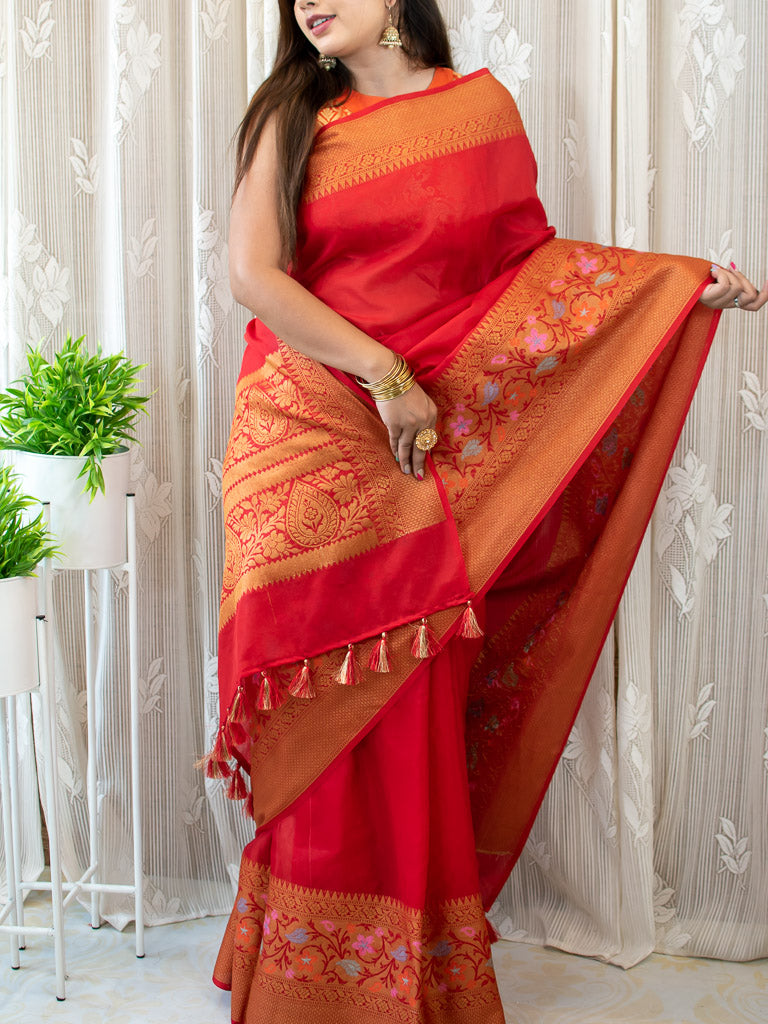 Banarasi Plain Semi Silk Saree With Floral Meenakari Weaving Border-Red