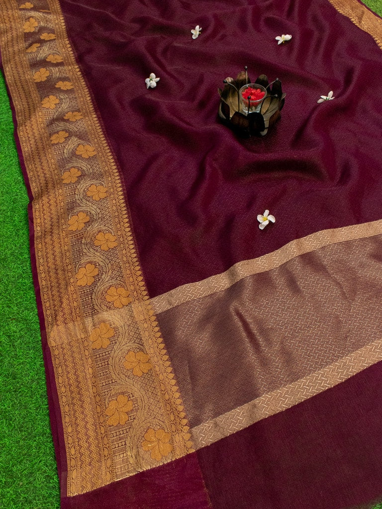 Banarasi Semi Chiffon Plain Saree Antique Zari Buti Weaving Border-Wine