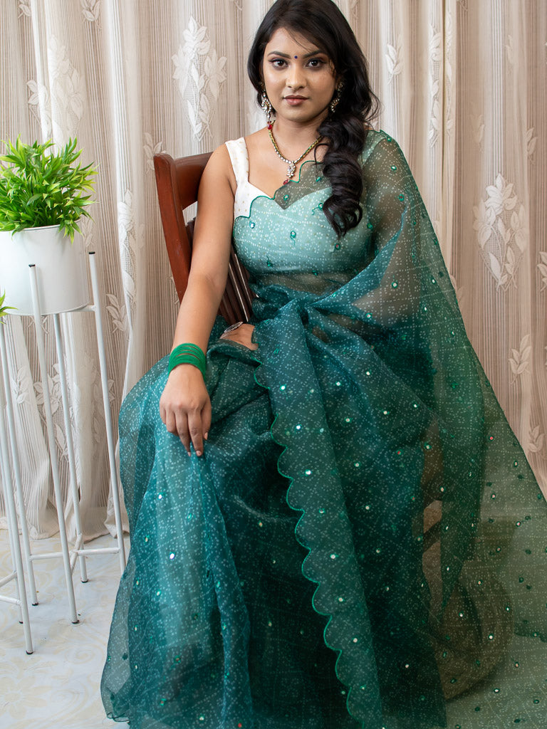 Stone Embroidered Bandhani Organza Mix Saree-Green