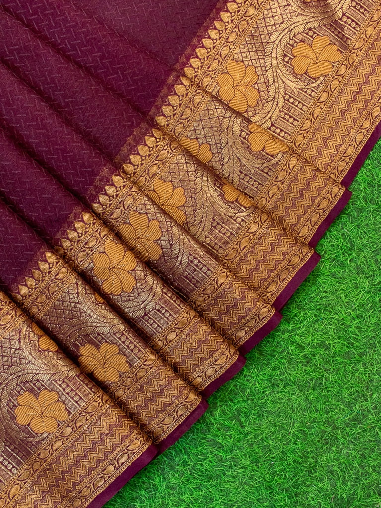 Banarasi Semi Chiffon Plain Saree Antique Zari Buti Weaving Border-Wine