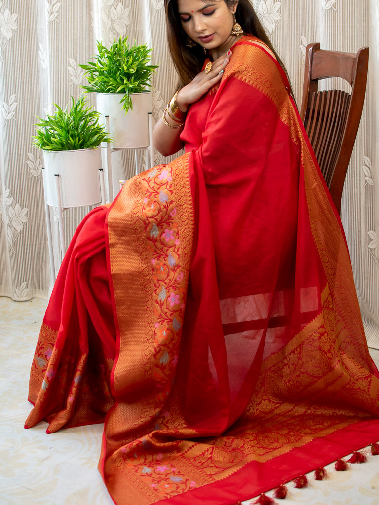 Banarasi Plain Semi Silk Saree With Floral Meenakari Weaving Border-Red