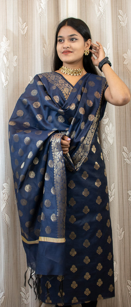 Banarasi Cotton Silk Salwar Kameez With Buti Dupatta-Deep Blue