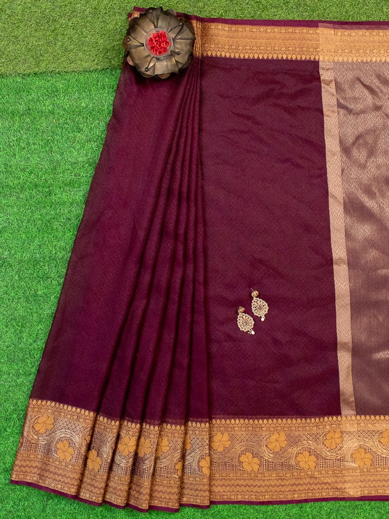 Banarasi Semi Chiffon Plain Saree Antique Zari Buti Weaving Border-Wine