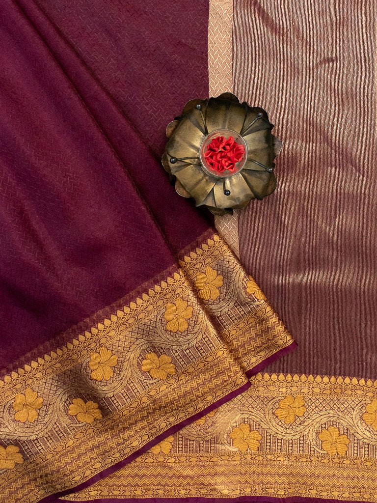 Banarasi Semi Chiffon Plain Saree Antique Zari Buti Weaving Border-Wine