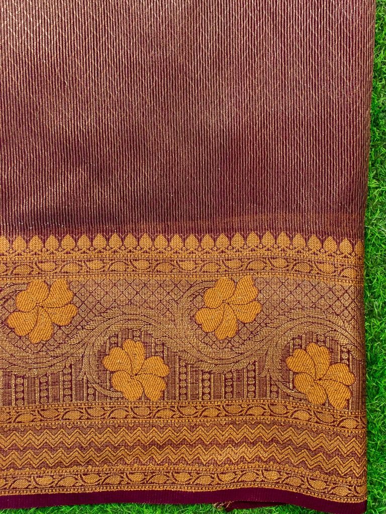 Banarasi Semi Chiffon Plain Saree Antique Zari Buti Weaving Border-Wine