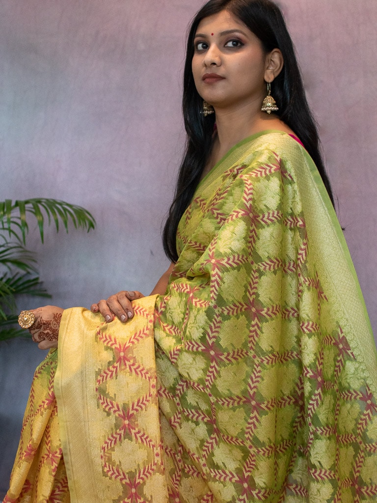 Banarasi Semi Georgette Saree With Zari Jaal Weaving-Green & Yellow