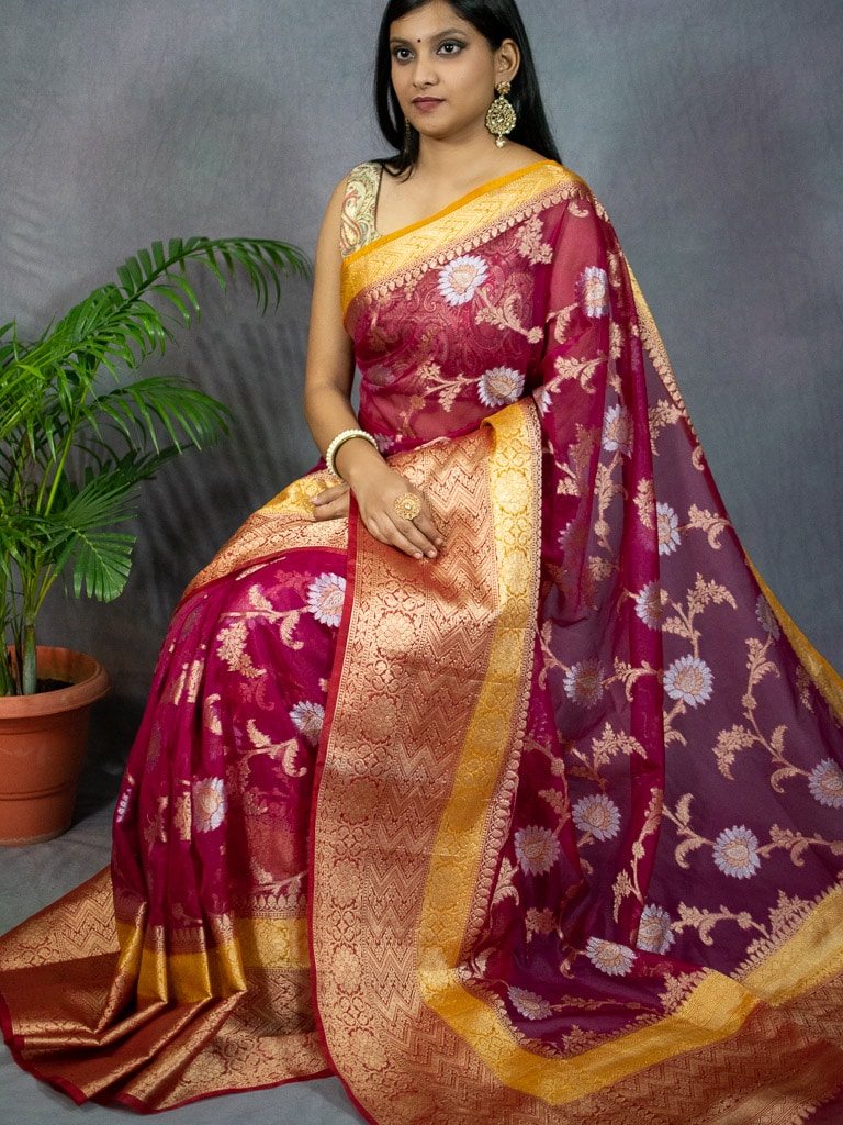 Banarasi Kora Saree With Gold & Silver Zari Jaal Weaving & Contrast Border-Red