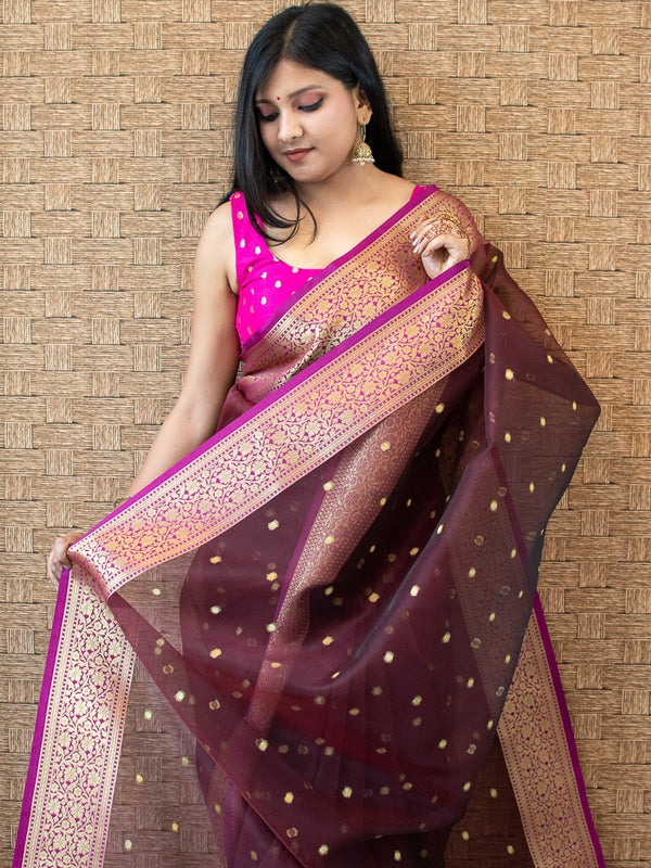 Banarasi Organza Saree With Zari Buti & Contrast  Border-Brown