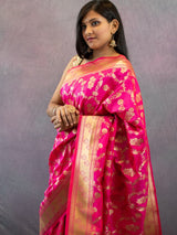Banarasi Art Katan Silk Saree With Meena Floral Jaal Weaving-Hot Pink