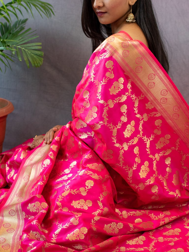 Banarasi Art Katan Silk Saree With Meena Floral Jaal Weaving-Hot Pink