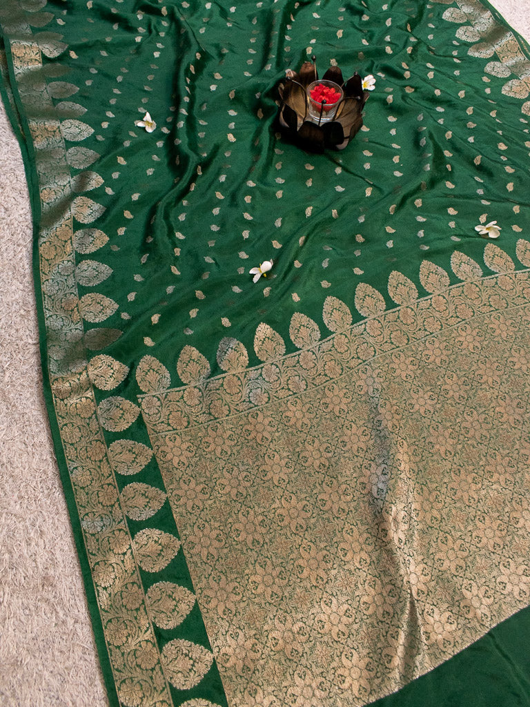 Banarasi Semi Chiffon Saree Antique Zari Buti Weaving Saree-Green